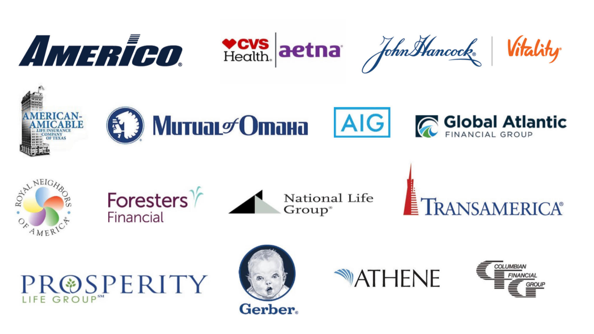 Carrier partners including Americo, Mutual of Omaha, AIG, Transamerica, John Hancock, and more